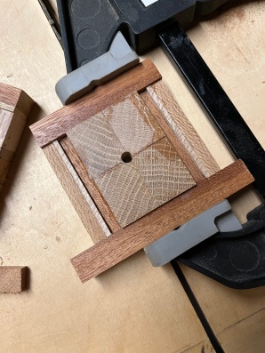 Close-up view of a turning block that uses book matching as well as regular wood blocks.